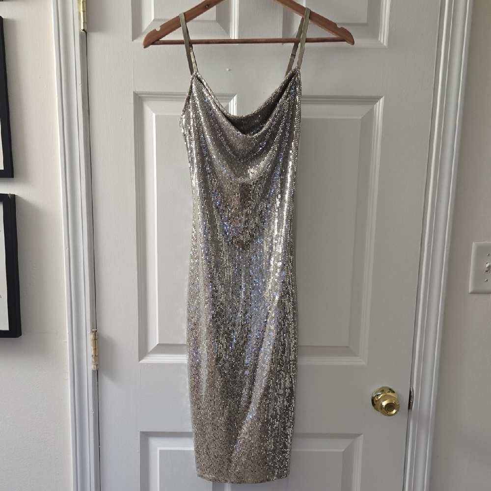 bebe Silver Glitter Midi Dress